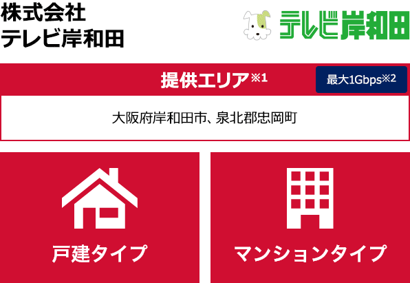 株式会社テレビ岸和田【提供エリア】大阪府岸和田市、泉北郡忠岡町 最大1Gbps　【戸建タイプ】【マンションタイプ】