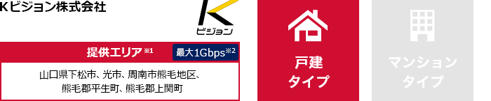 Ｋビジョン株式会社【提供エリア】山口県下松市、光市、周南市熊毛地区、熊毛郡平生町、熊毛郡上関町 最大1Gbps　【戸建タイプ】