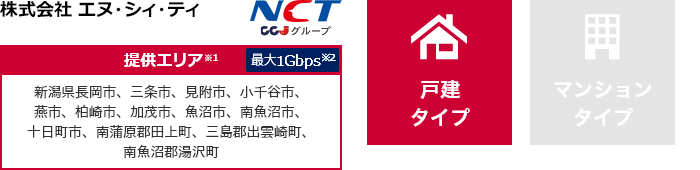 株式会社 エヌ・シィ・ティ【提供エリア】新潟県長岡市、三条市、見附市、小千谷市、燕市、柏崎市、加茂市、魚沼市、南魚沼市、十日町市、南蒲原郡田上町、三島郡出雲崎町、南魚沼郡湯沢町 最大1Gbps　【戸建タイプ】