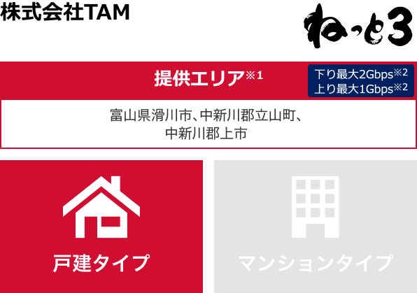 株式会社TAM【提供エリア】富山県滑川市、中新川郡立山町、中新川郡上市町 下り最大2Gbps 上り最大1Gbps 【戸建タイプ】