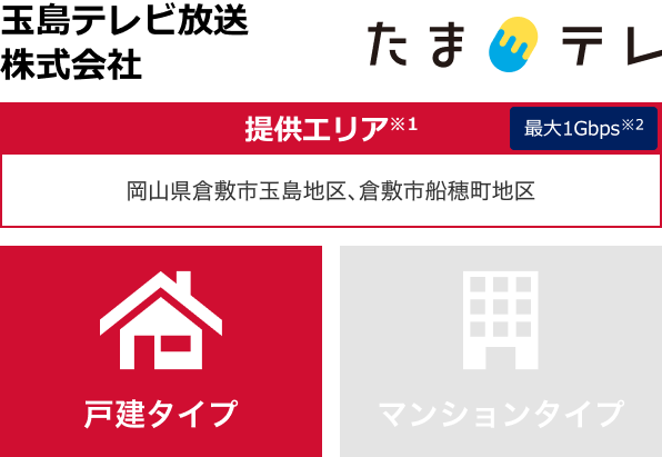 玉島テレビ放送株式会社【提供エリア】富山県倉敷市玉島地区、倉敷市船穂町地区 最大1Gbps 【戸建タイプ】