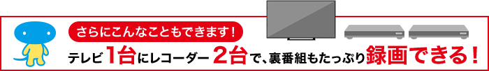 さらにこんなこともできます！テレビ1台にレコーダー2台で、裏番組もたっぷり録画できる！