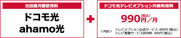 光回線月額利用料 ドコモ光/ahamo光+ドコモ光テレビオプション月額利用料990円(税込)<内訳>テレビオプション伝送サービス495円(税込) テレビ視聴サービス利用料 495円(税込)