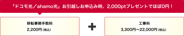 「ドコモ光／ahamo光」お引越しお申込み時、2,000ptプレゼントでほぼ0円！移転事務手数料 2,200円（税込）工事料 3,300円～22,000円（税込）