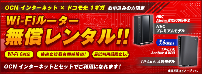 OCN インターネット×ドコモ光 1ギガ お申込みの方限定 Wi-Fiルーター無償レンタル！　OCN インターネットとセットでご利用になれます！　Wi-Fi 6対応　快適な複数台同時接続　最低利用期限なし！　NEC Aterm WX3000HP2 NEC プレミアムモデル／最大6Gbps TP-Link Archer AX80 TP-Link 人気モデル