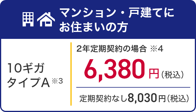 マンション・戸建にお住まいの方 10ギガタイプA ※3 2年定期契約の場合※4 6,380円（税込） 定期契約なし8,030円（税込）