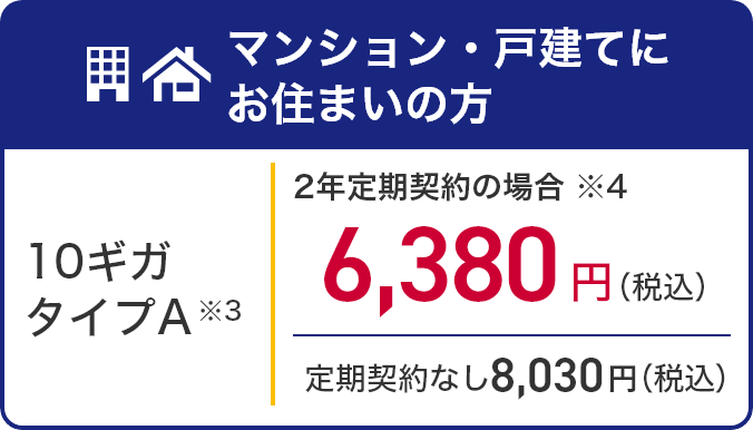 マンション・戸建にお住まいの方 10ギガタイプA ※3 2年定期契約の場合※4 6,380円(税込) 定期契約なし8,030円(税込)