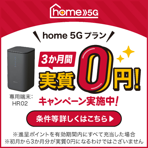 「home 5G プラン」3か月間実質0円！キャンペーン実施中！条件等詳しくはこちら※進呈ポイントを有効期間内にすべて充当した場合※初月から3か月分が実質0円になるわけではございません