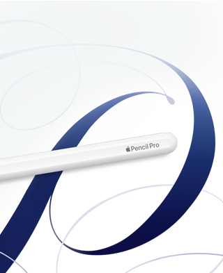 ホワイトのApple Pencil Pro。青い渦巻き模様が入った白い背景の上に表示されている