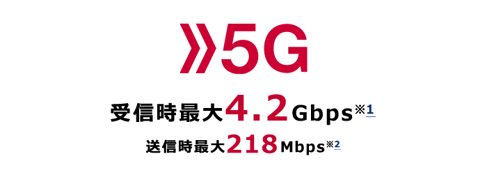 5G 受信時最大4.2 Gbps（※1）送信時最大218 Mbps（※2）