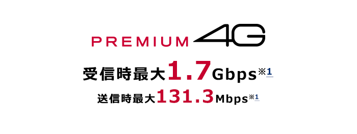 PREMIUM 4G 受信時最大1.7Gbps（※1）送信時最大131.3 Mbps（※1）