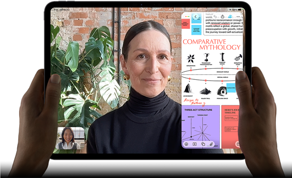 iPad Proの前面の外観、カラーはスペースブラック、丸みを帯びた四隅、ブラックのディスプレイベゼル、横向きの状態で左右の側面を持つ手、ディスプレイにはFaceTimeでの会話がライブ翻訳されている様子と教育アプリが表示されており、テキスト、図表、手書きのメモを含む「Comparative Mythology」のプレゼンテーションが見える