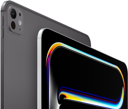 iPad Proの背面の外観、カラーはスペースブラック、音量調節ボタンとProのカメラシステム。iPad Proの前面の外観、カラーはシルバー、丸みを帯びた四隅、ブラックのディスプレイベゼル、ブラックの背景にカラフルで抽象的な線画が表示されているディスプレイ