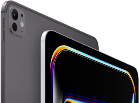 iPad Proの背面の外観、カラーはスペースブラック、音量調節ボタンとProのカメラシステム。iPad Proの前面の外観、カラーはシルバー、丸みを帯びた四隅、ブラックのディスプレイベゼル、ブラックの背景にカラフルで抽象的な線画が表示されているディスプレイ