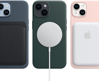 iPhone 14 MagSafe cases in midnight, forest green, and chalk pink with MagSafe accessories, wallet, charger, and a battery pack.