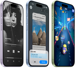 3台のiPhone 17デバイス、前面と側面の外観。Apple Music、ビジュアルインテリジェンス、ゲームを表示。側面にボタンアクションボタン、音量調節ボタン