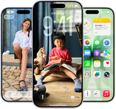 iPhone 17の前面の外観。画面の最上部付近の中央にDynamic Islandがある。ミストブルー、ラベンダー、セージの3色が表示されている