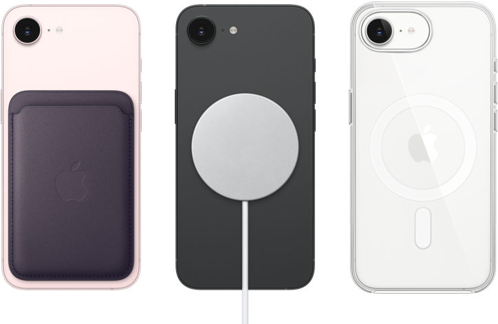 ソフトピンクのiPhone 17eの背面の外観。MagSafe対応ファインウーブンウォレットが取りつけられている。ブラックのiPhone 17eの背面の外観。MagSafe充電器が取りつけられている。ホワイトのiPhone 17eの背面の外観。MagSafe対応クリアケースが取りつけられている