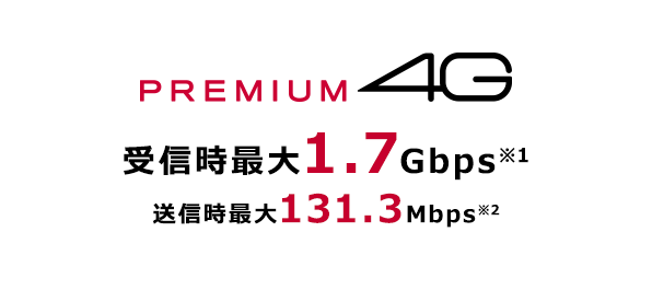 PREMIUM 4G 受信時最大1.7Gbps（※1） 送信時最大131.3Mbps（※2）
