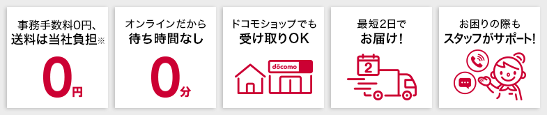 事務手数料はかかりません 2,750円（税込）以上で送料無料 オンラインだから待ち時間なし ドコモショップでも受け取りOK 最短2日でお届け！ お困りの際もスタッフがサポート！