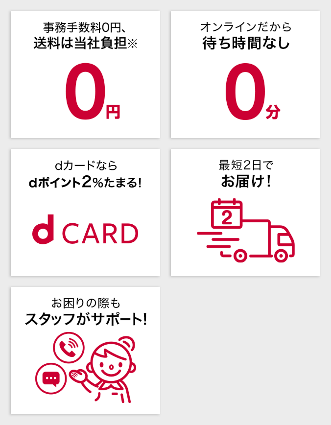 事務手数料はかかりません 2,750円(税込)以上で送料は当社負担 オンラインだから待ち時間なし  dカードならdポイント2%たまる! 最短2日でお届け! お困りの際もスタッフがサポート!