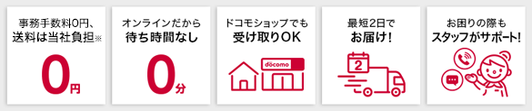 事務手数料はかかりません 2,750円（税込）以上で送料無料 オンラインだから待ち時間なし ドコモショップでも受け取りOK 最短2日でお届け！ お困りの際もスタッフがサポート！