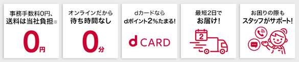 事務手数料はかかりません 2,750円(税込)以上で送料は当社負担 オンラインだから待ち時間なし dカードならdポイント2%たまる! 最短2日でお届け! お困りの際もスタッフがサポート!