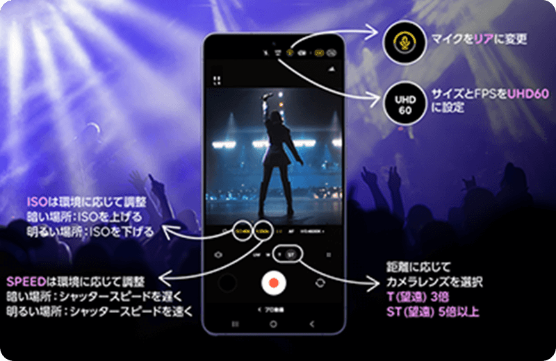 動画撮影の各種設定ができることを表現したイメージ画像