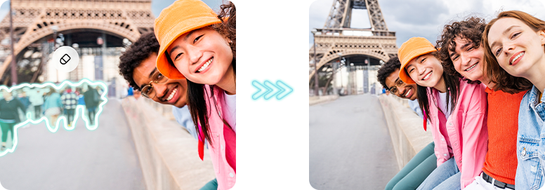 背景の人混みを生成AI編集によって消しているビフォーアフターの画像