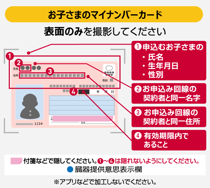 【お子さまのマイナンバーカード】表面のみを撮影してください ①申込むお子さまの・氏名・生年月日・性別 ②お申込み回線の契約者と同一名字 ③お申込み回線の契約者と同一住所 ④有効期限内であること 付箋などで隠してください。①~④は隠れないようにしてください。●臓器提供意思表示欄 ※アプリなどで加工しないでください。