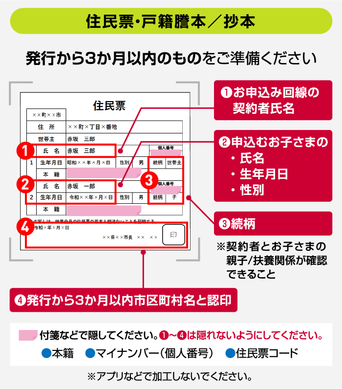 【住民票・戸籍謄本/抄本】発効から3か月以内のものをご準備ください ①お申込み回線の契約者氏名 ②申込むお子さまの・氏名・生年月日・性別 ③続柄 ※契約者とお子さまの親子/扶養関係が確認できること ④発行から3か月以内市区町村名と認印 付箋などで隠してください。①~④は隠れないようにしてください。 ●本籍 ●マイナンバー(個人番号) ●住民票コード ※アプリなどで加工しないでください。