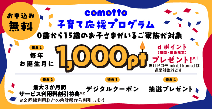お申込み無料 comotto 子育て応援プログラム。0歳から15歳のお子さまがいるご家族が対象。特典1 毎年お誕生月に1,000ポイントdポイント(期間・用途限定)をプレゼント!※1 「ドコモ mini」「irumo」は進呈対象外です。特典2 最大3か月間サービス利用料割引特典※2 回線利用料との合計額から割引します。特典3 デジタルクーポン。特典4 抽選プレゼント。