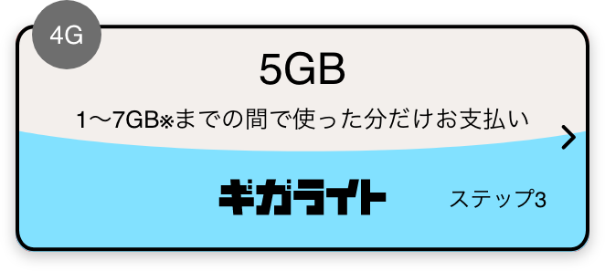 4G 5GB 1～7GB※までの間で使った分だけお支払い ギガライト ステップ3