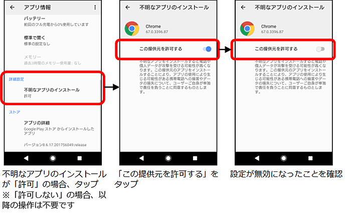 不明なアプリのインストールが「許可」の場合、タップ※「許可しない」の場合、以降の操作は不要です→「この提供元を許可する」をタップ→設定が無効になったことを確認