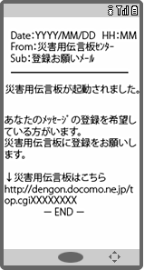 登録お願いメール（安否確認者から被災者）に対して、「災害用伝言板が起動されました。あなたのメッセージの登録を希望している方がいます。災害用伝言版に登録をお願いします。災害用伝言版メッセージはこちらからご確認ください」というメッセージが届きます。