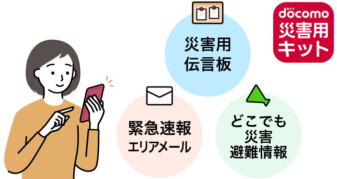 女性がdocomo災害用キットから災害用伝言板・緊急速報エリアメール・どこでも災害避難情報を利用している様子