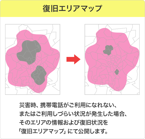 復旧エリアマップ：災害時、携帯電話がご利用になれない、またはご利用しづらい状況が発生した場合、そのエリアの情報および復旧状況を「復旧エリアマップ」にて公開します。