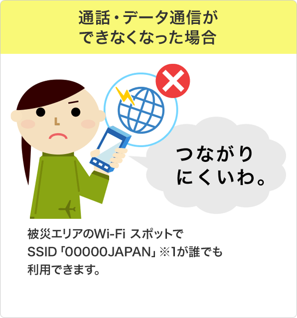 通話・データ通信ができなくなった場合：被災エリアのWi-Fi スポットでSSID「00000JAPAN」が誰でも利用できます。