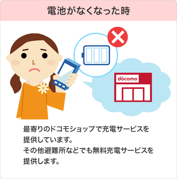 電池がなくなった時：最寄りのドコモショップで充電サービスを提供しています。その他避難所などでも無料充電サービスを提供します。