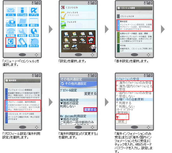 (1)「メニュー」→「iコンシェル」を選択します。→(2)「設定」を選択します。→(3)「基本設定」を選択します。→(4)「プロフィール設定/海外利用設定」を選択します。→(5)「海外利用設定」の「変更する」を選択します。→(6)「海外インフォメーションのみ受信」または「海外/国内インフォメーションともに受信」にチェックを入れ、4桁のiモードパスワードを入力し、設定します。