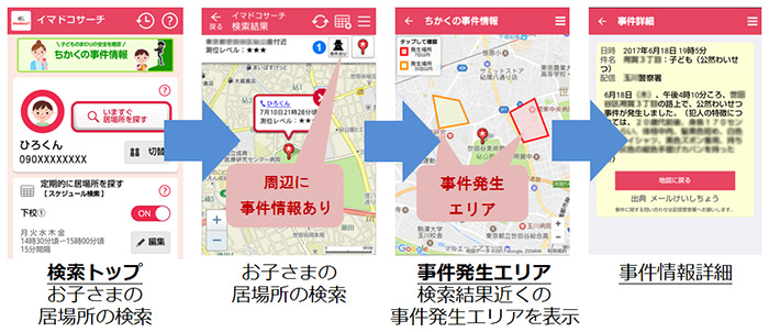 お子さまの居場所周辺の事件情報の確認方法:検索トップ→お子さまの居場所の検索→事件発生エリア→事件情報詳細