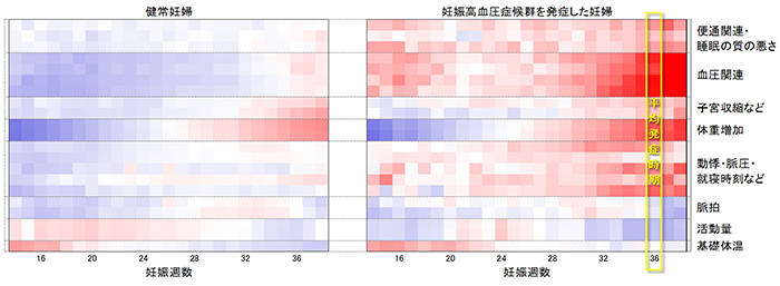 図2 妊娠期間を通した各種ライフログの変動パターン(赤が高値、青が低値)