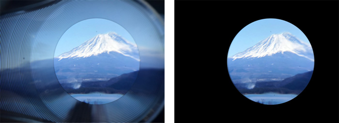 写真：超広視野角VRゴーグルと従来のVRゴーグルの見え方の違い