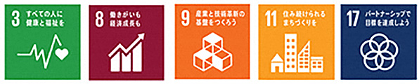 3：すべての人に健康と福祉を 8：働きがいも経済成長も 9：産業と技術革新の基盤をつくろう 11：住み続けられるまちづくりを 17：パートナーシップで目標を達成しよう