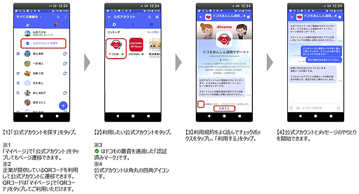 公式アカウントサービスのご利用方法 （1）「公式アカウントを探す」をタップ。（2）利用したい公式アカウントをタップ。（3）利用規約をよく読んでチェックボックスをタップし、「利用する」をタップ。（4）公式アカウントとメッセージのやりとりを開始できます。