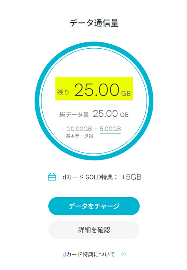 「dカードボーナスパケット特典」によりデータ容量が追加された場合のデータ量確認画面イメージ