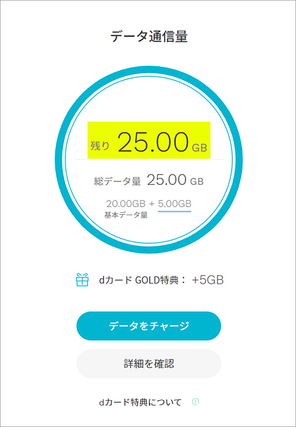 「dカードボーナスパケット特典」によりデータ容量が追加された場合のデータ量確認画面イメージ
