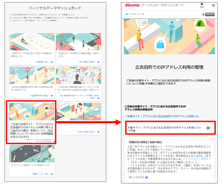 「パーソナルデータダッシュボード」での同意・拒否設定画面イメージ