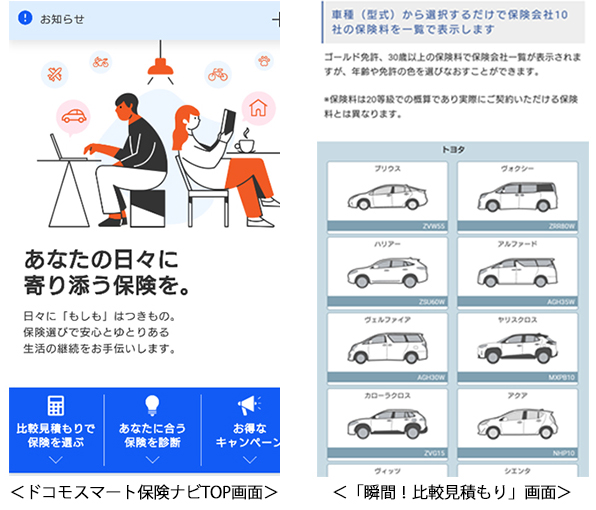 提供イメージ<ドコモスマート保険ナビTOP画面> <「瞬間!比較見積もり」画面>