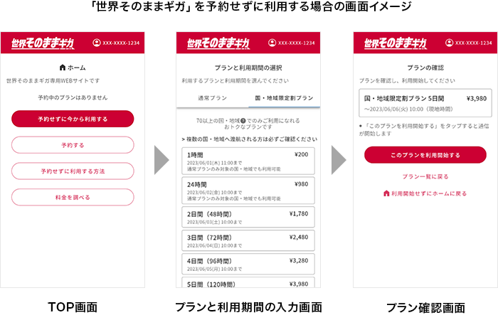  「世界そのままギガ」を予約せずに利用する場合の画面イメージ